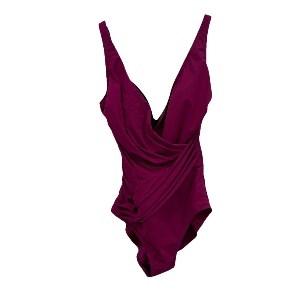 NWT‎ Gottex One Piece Swimsuit Purple  Ruched V Neck US Size 8 Criss Cross